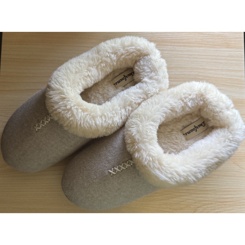 Dearfoams Women Gray Wool Faux Fur Lined Comfort Slide Slippers Size 7-8 M